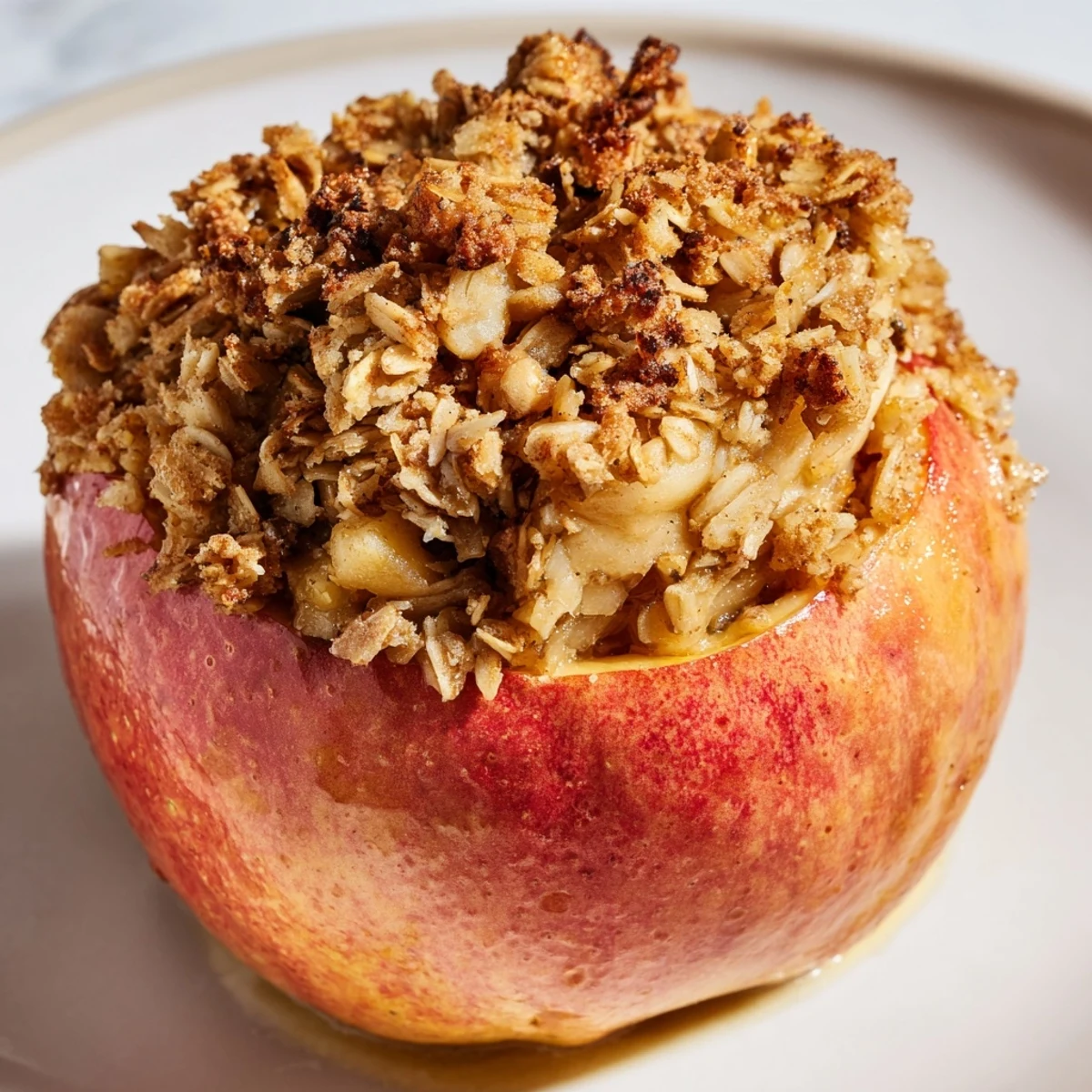 Close-up of baked apples with oat-nut crumble; a delicious, wholesome dessert with inviting textures and flavors.