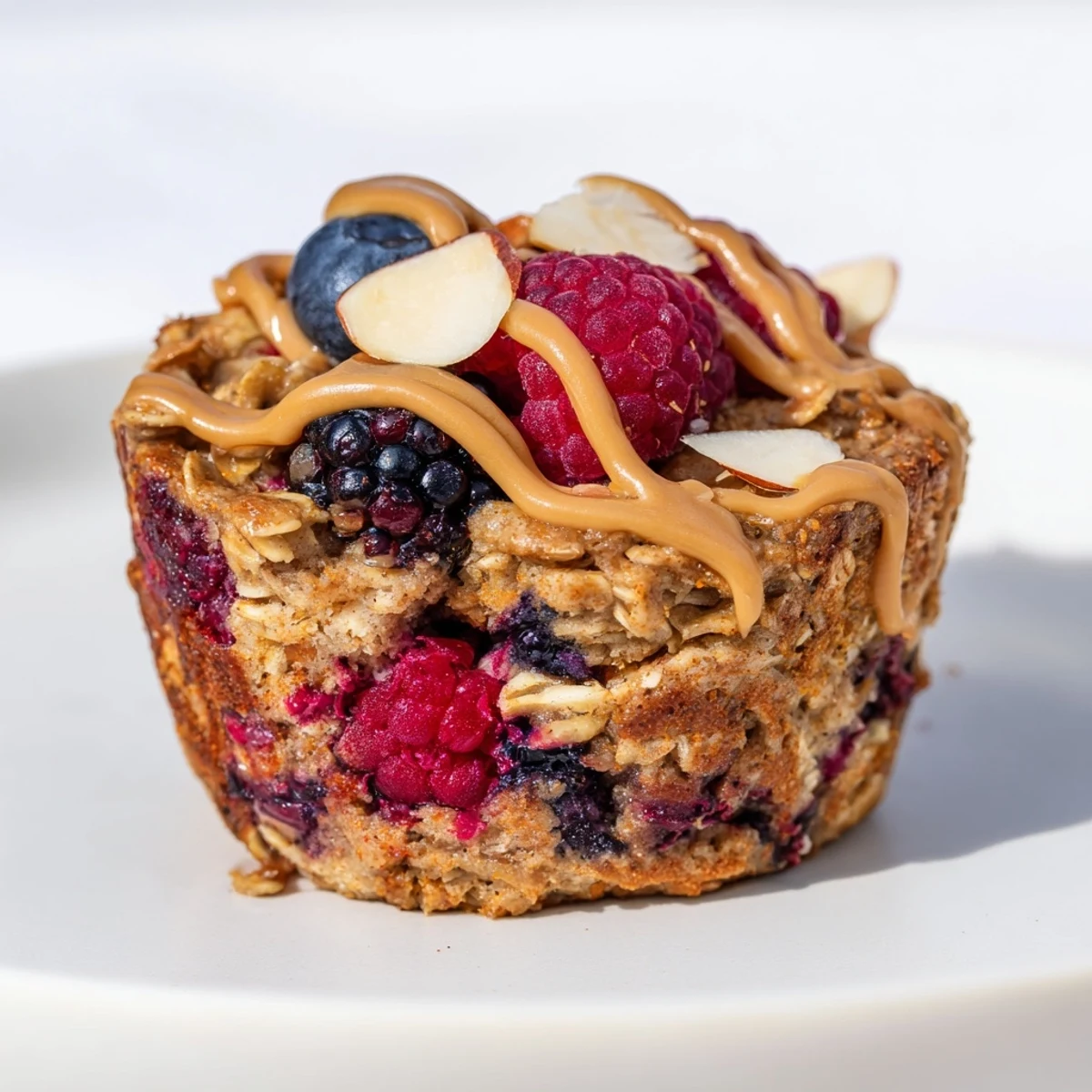 Baked Oatmeal Cups, bursting with winter berries, offering a warm and inviting breakfast with almond butter.