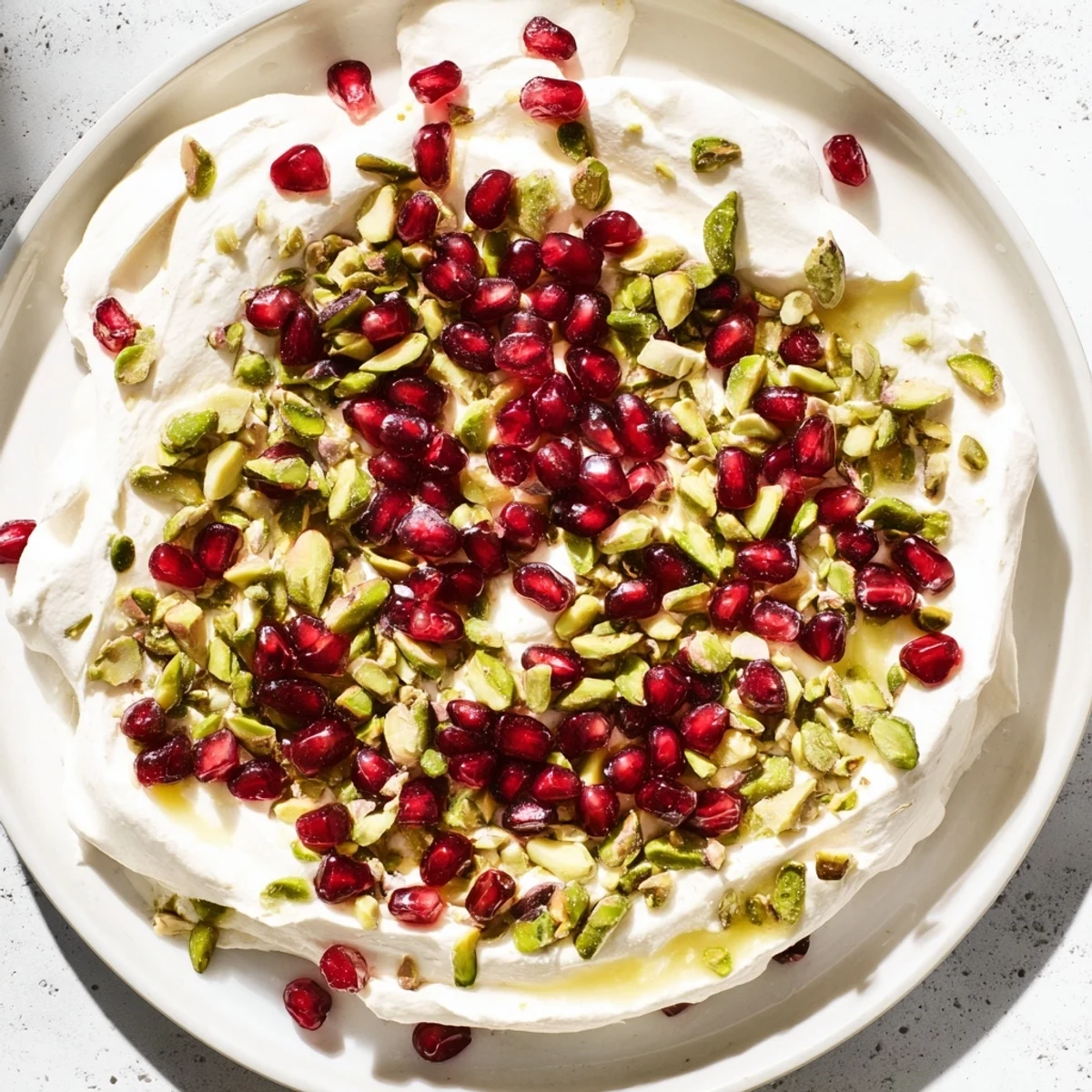 Frozen yogurt bark with juicy pomegranate seeds and crunchy pistachios, a cool and creamy dessert.