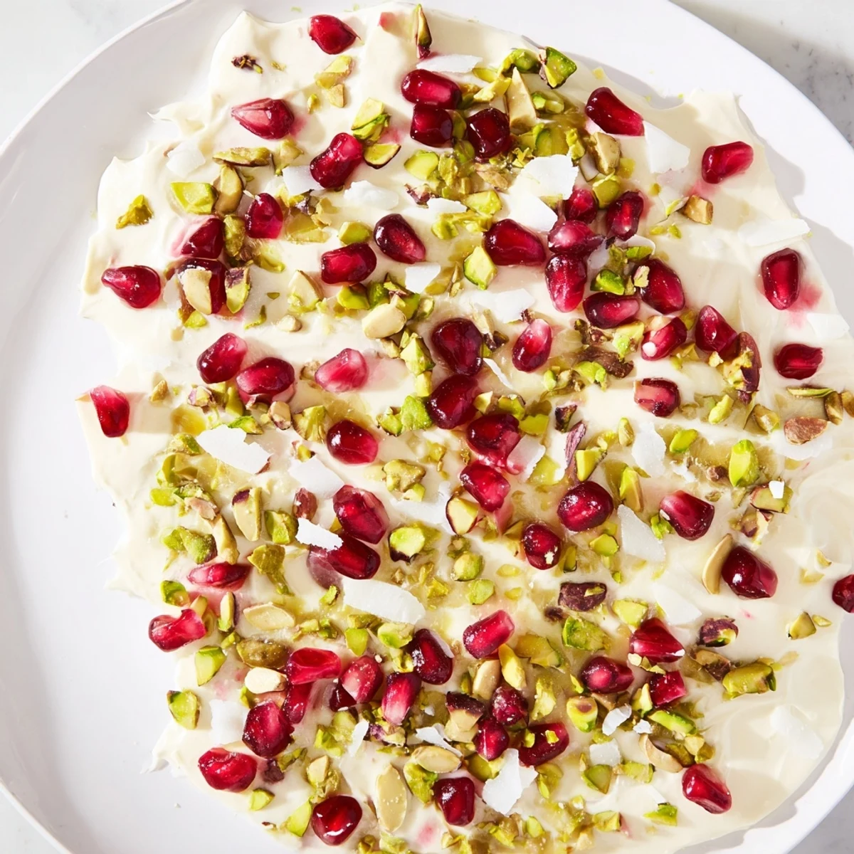 Homemade frozen yogurt bark showcasing a healthy snack with pops of red pomegranate and green pistachios.