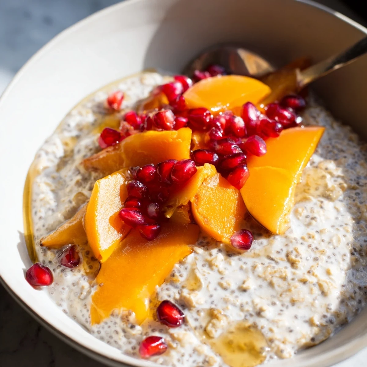 A close-up of overnight oats bursting with fresh persimmon and ruby-red pomegranate seeds for a healthy start.