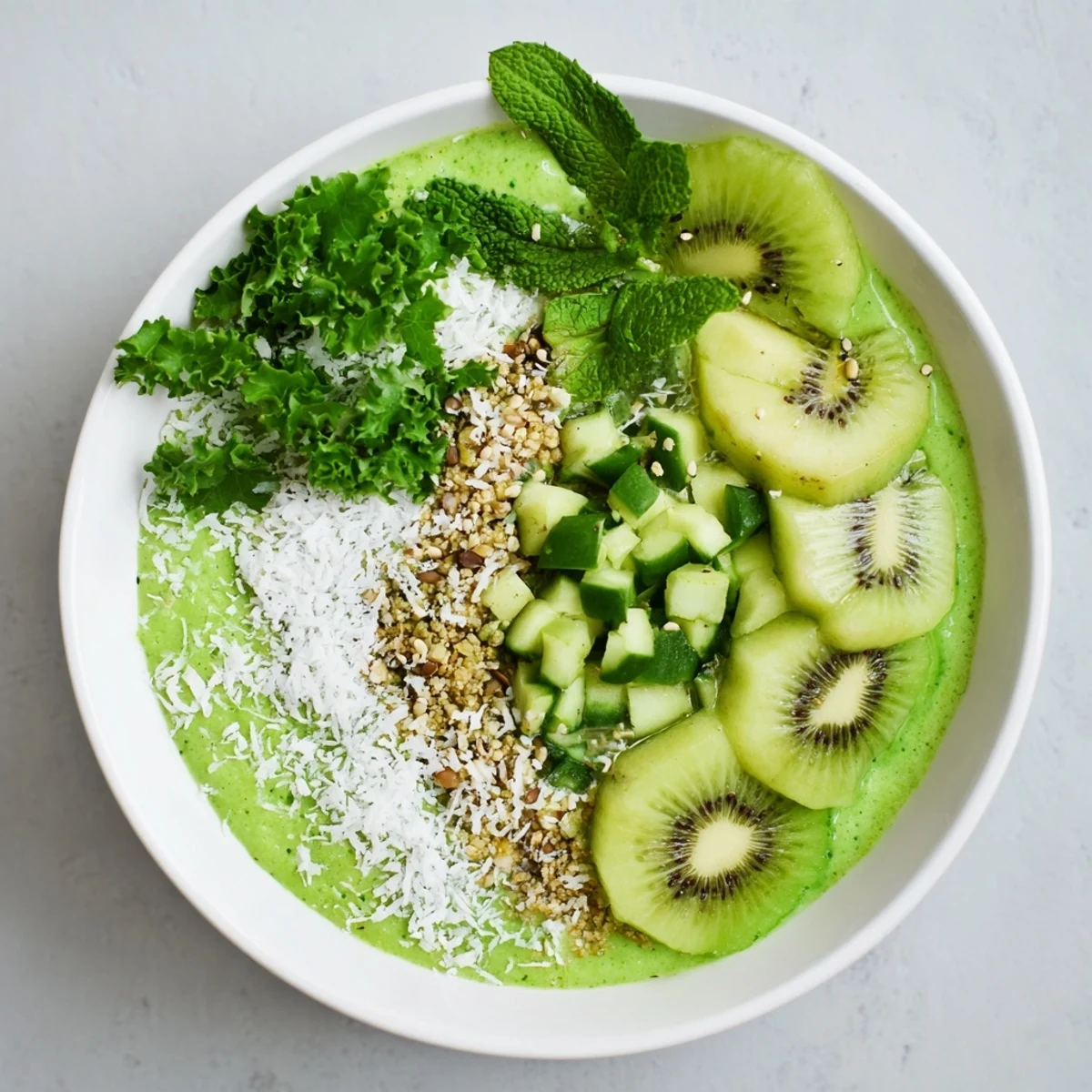 Creamy green smoothie bowl with kale, kiwi, and avocado, garnished with fresh fruit and hemp seeds.