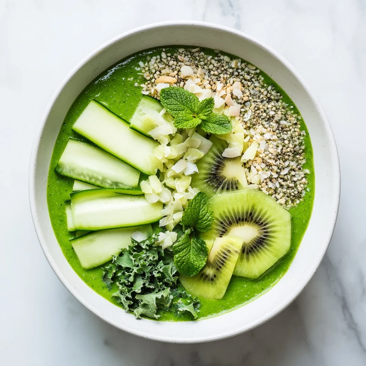 A vibrant, healthy green smoothie bowl featuring fresh kale, cucumber, and a creamy avocado base.