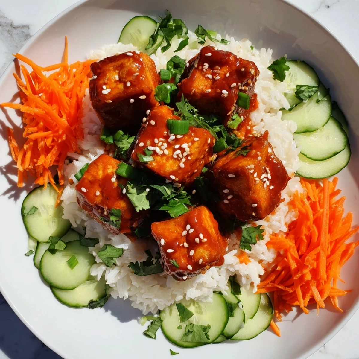 Spicy chili-mayo coats crispy tofu in these savory, flavorful baked tofu bowls with fresh toppings.