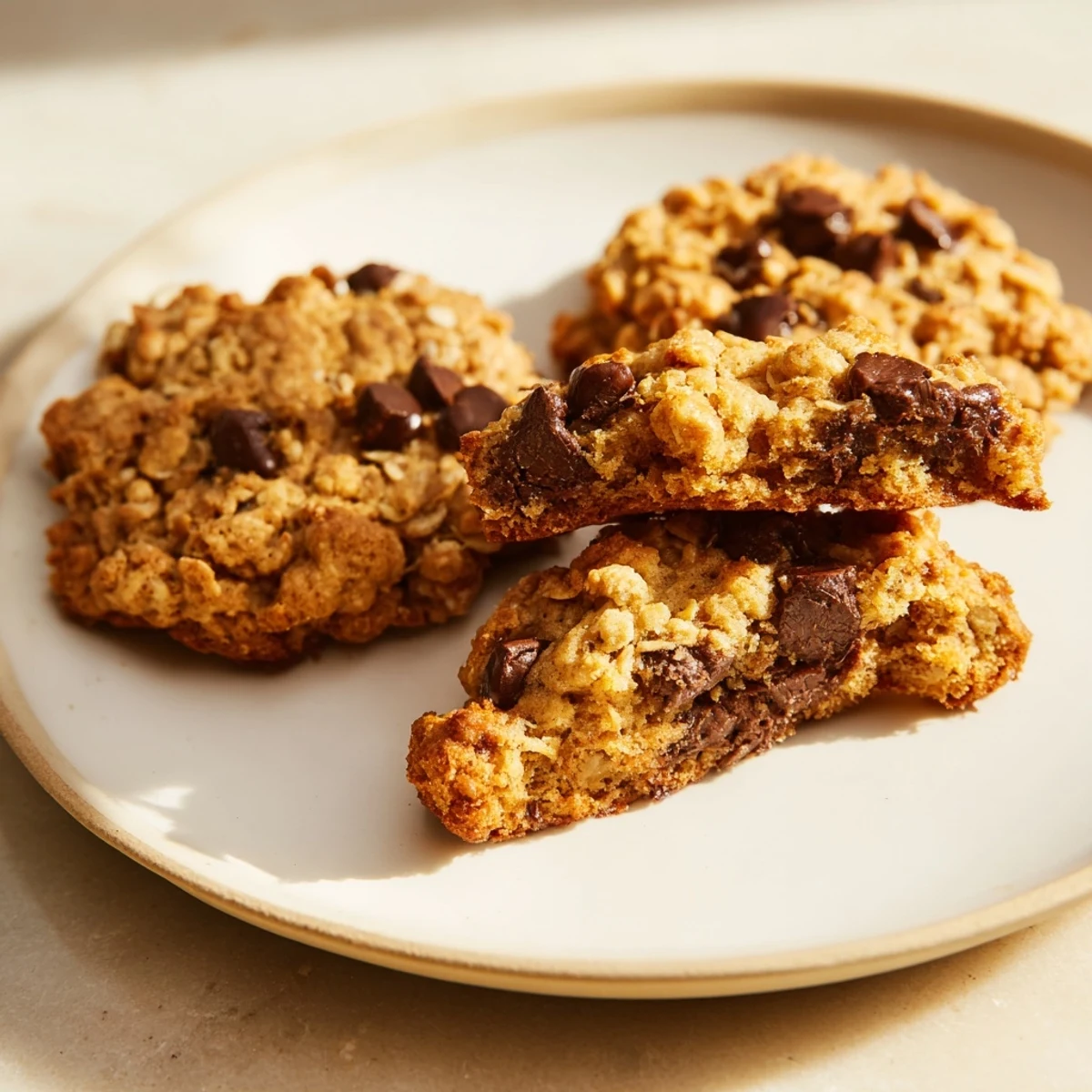 Golden, chewy Oat-Banana Chocolate Chip Cookies, perfect textures revealed in this tempting close-up.