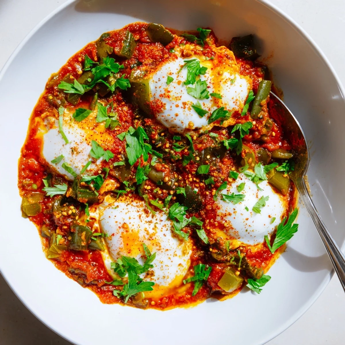 Fragrant Shakshuka with brilliantly red tomato sauce; perfect alongside crusty bread for dipping.