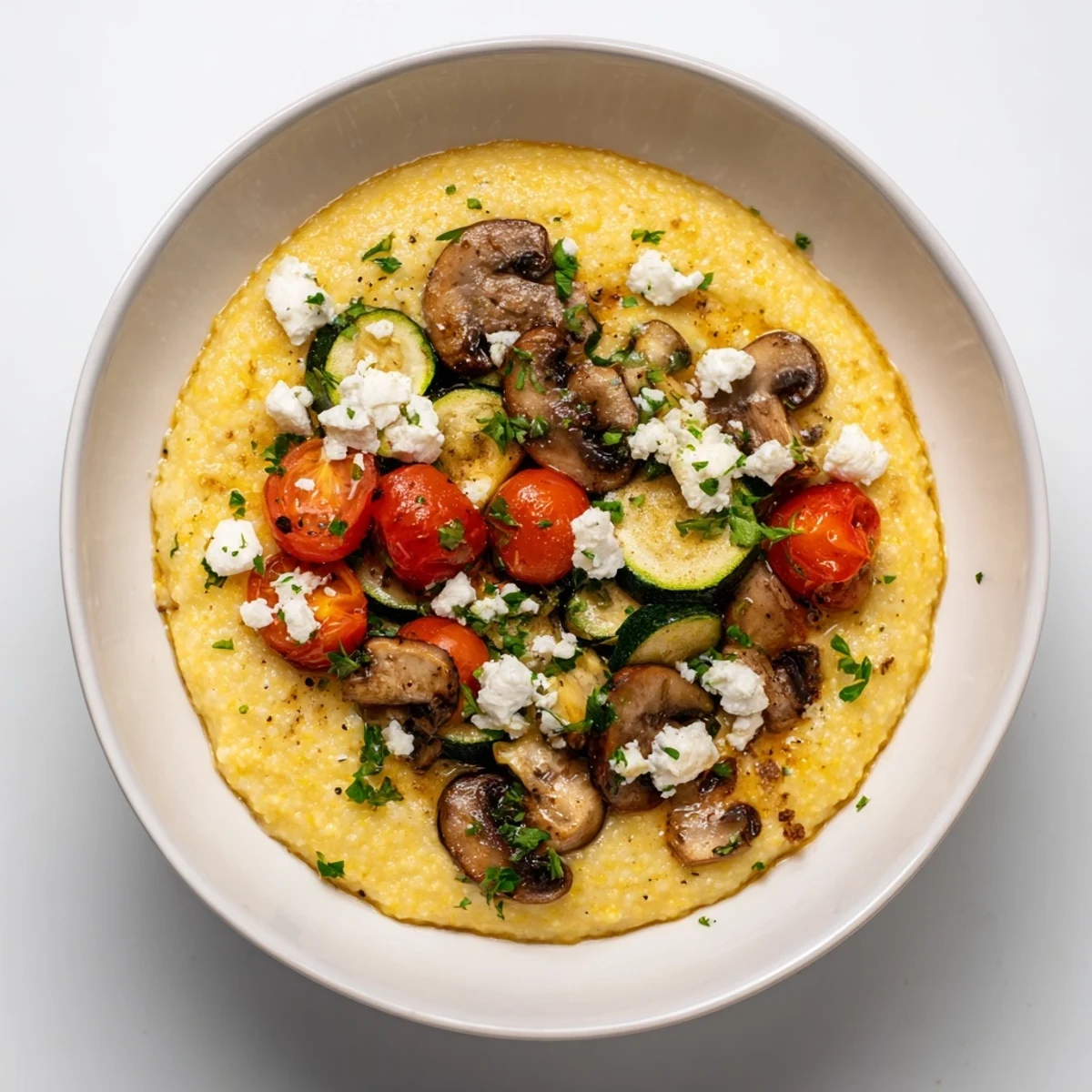 A steaming bowl of Cornmeal Mush Polenta Bowls, creamy polenta topped with roasted vegetables.