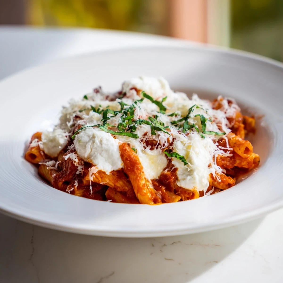 Golden, bubbly One-Pan Baked Ziti, a comforting Italian dinner with melted mozzarella cheese on top.