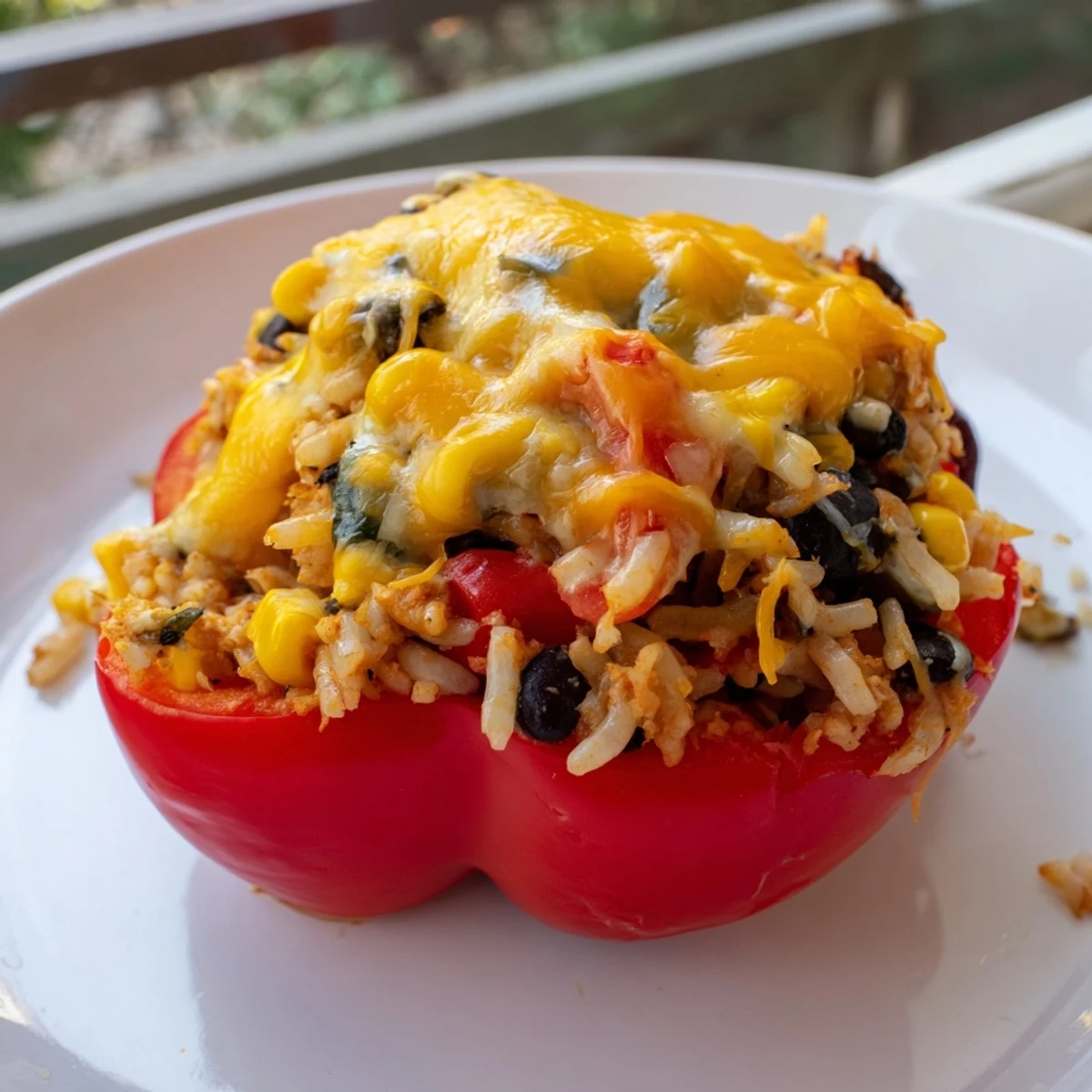 Beautifully baked stuffed bell peppers, bursting with a savory rice and bean filling, ideal for dinner.