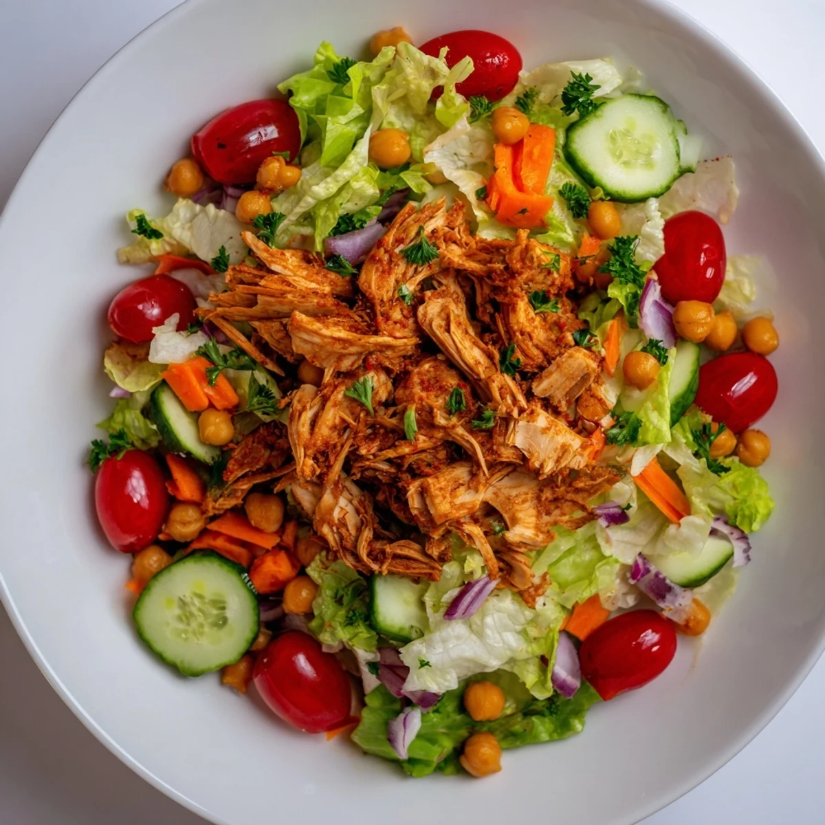 Chicken salad overflowing with fresh veggies and shredded chicken ready to serve.