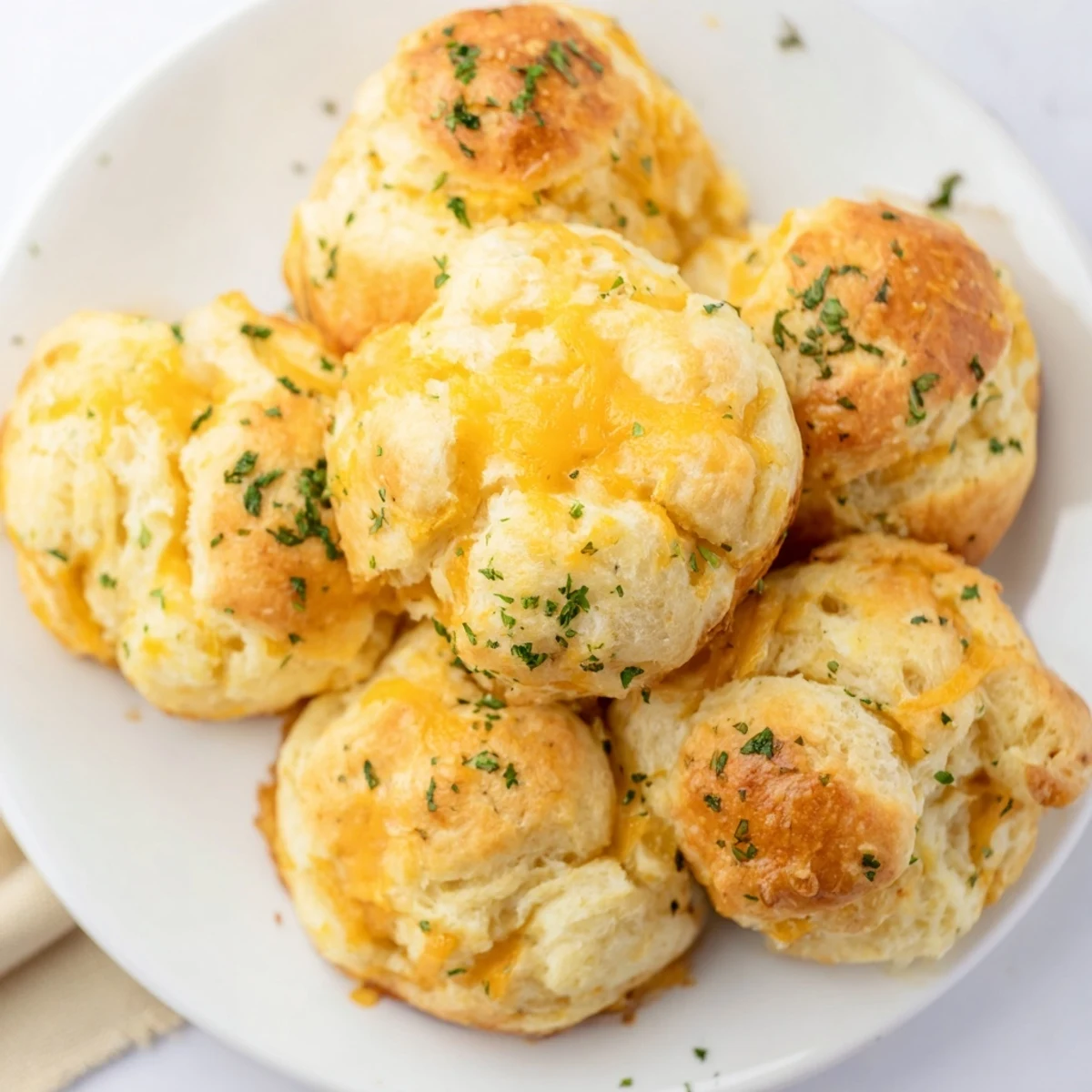 Golden-brown Mini Cheddar Bay Biscuit Pull-Aparts, warm from the oven, ready to share and enjoy.