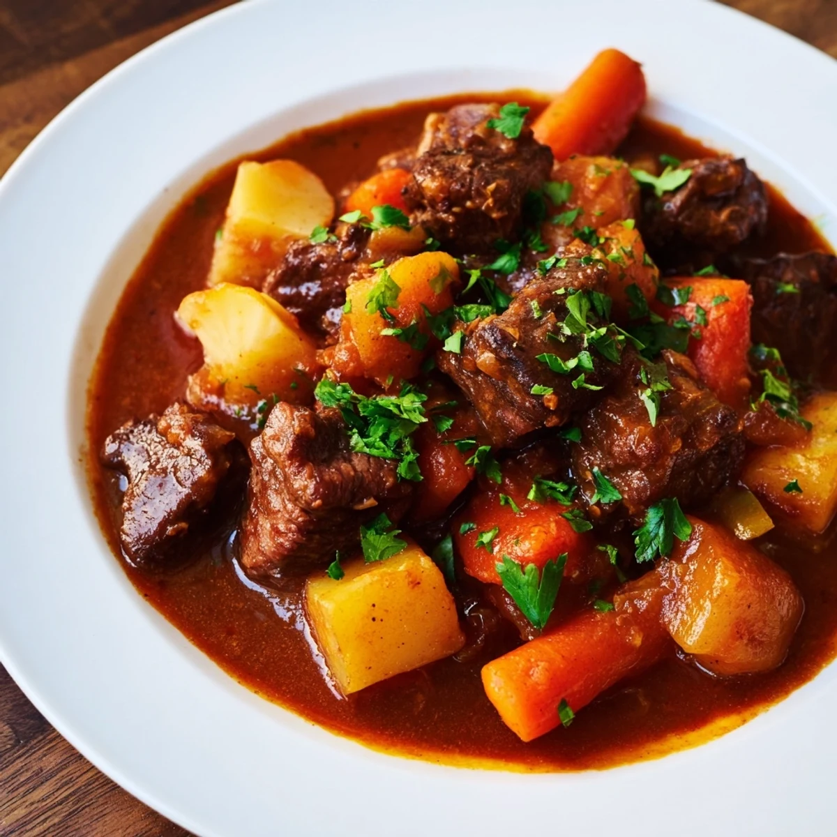 Instant Pot Beef Stew with root vegetables, steaming hot and ready to eat, served in a bowl.