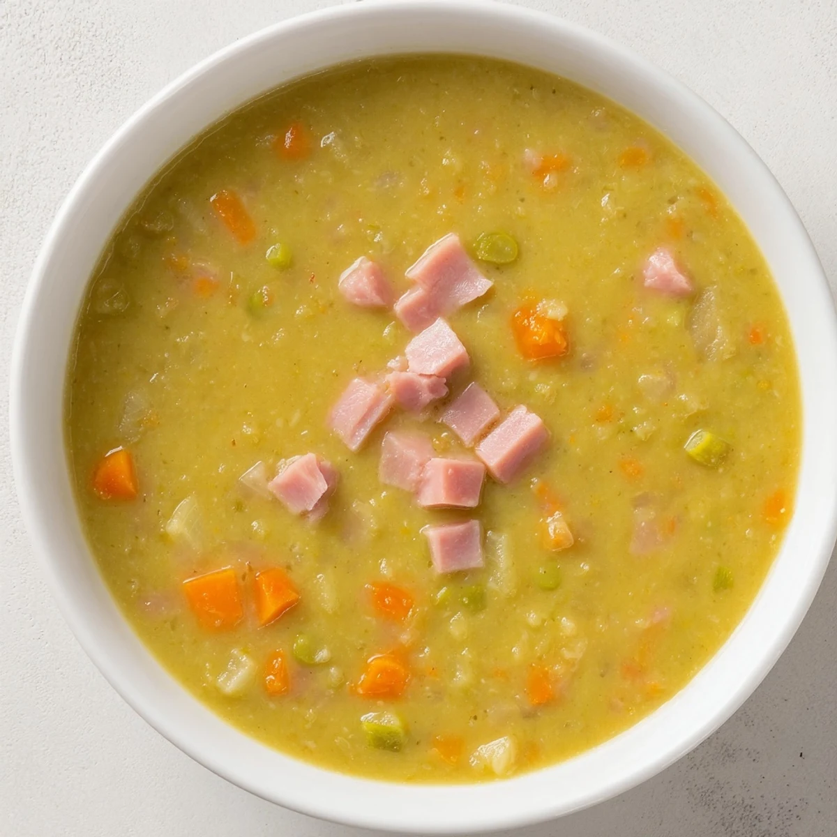 A delicious bowl of Split Pea and Ham Soup, perfect for a cozy dinner with crusty bread alongside.