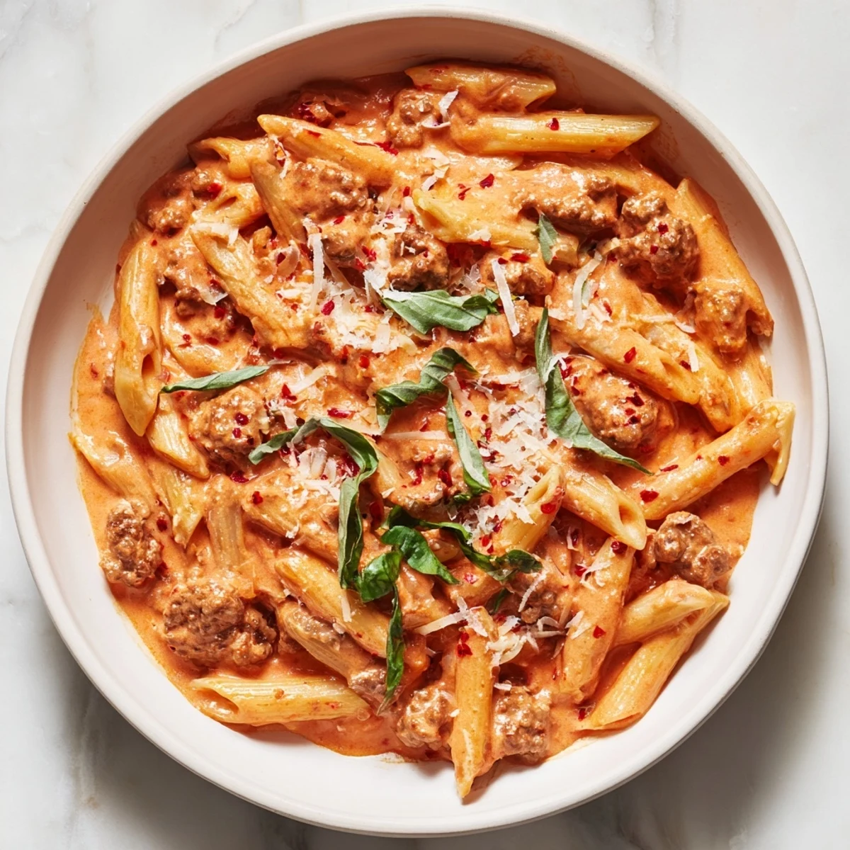 Creamy tomato and sausage pasta, ready to serve, with a rich sauce and grated Parmesan sprinkled on top.