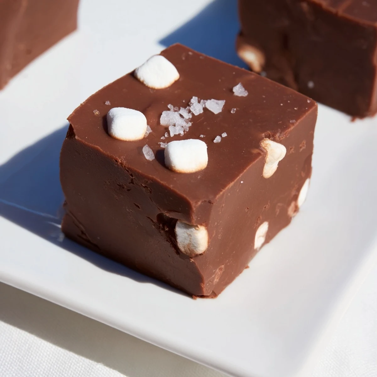 A photo of homemade Easy Marshmallow Fudge; rich chocolate studded with fluffy marshmallows, ready to eat.