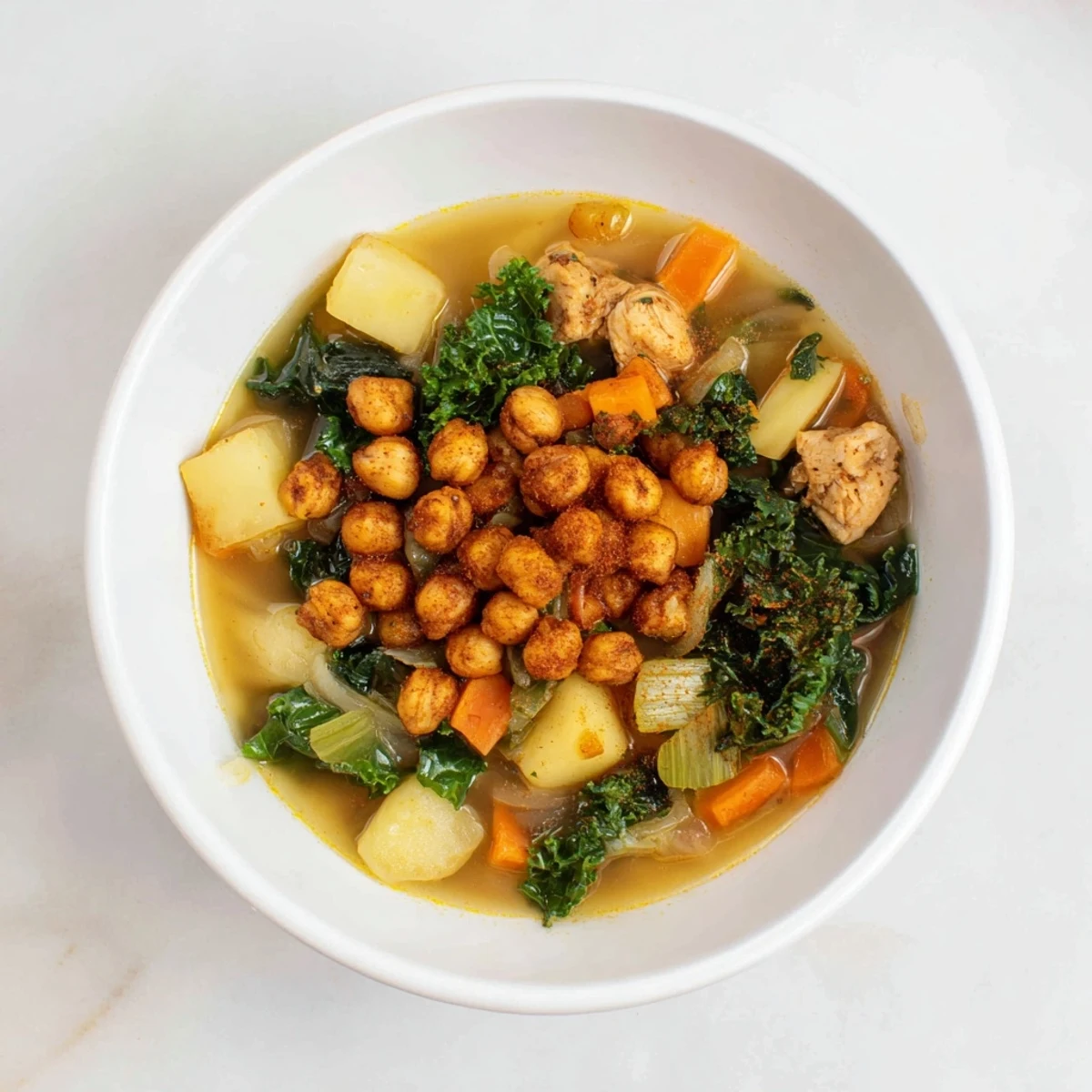 Chicken Kale Soup with crispy chickpeas, a comforting bowl filled with tender chicken and vibrant kale.