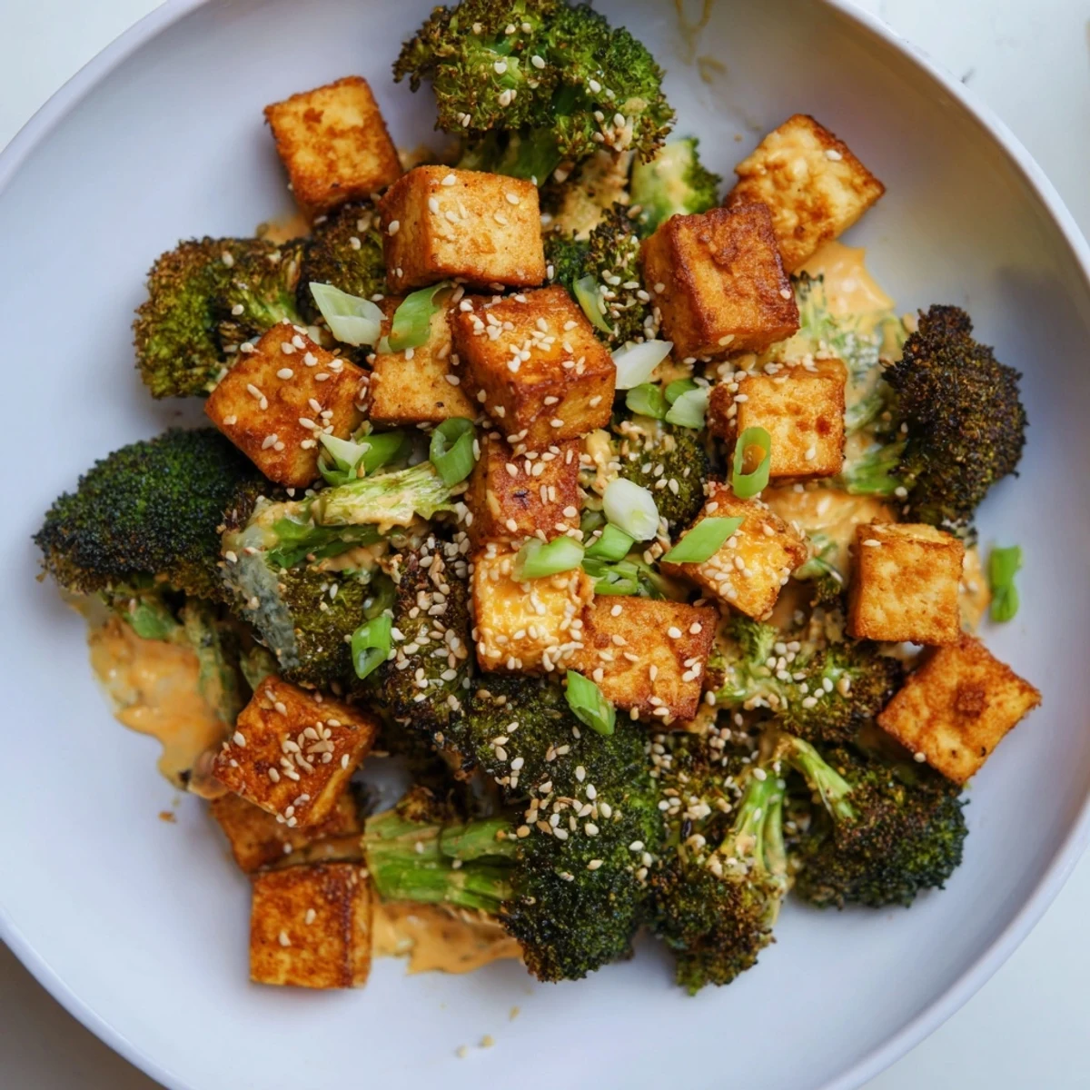 A bubbling casserole of Cheesy Baked Tofu and Broccoli, topped with sesame seeds for added flavor.