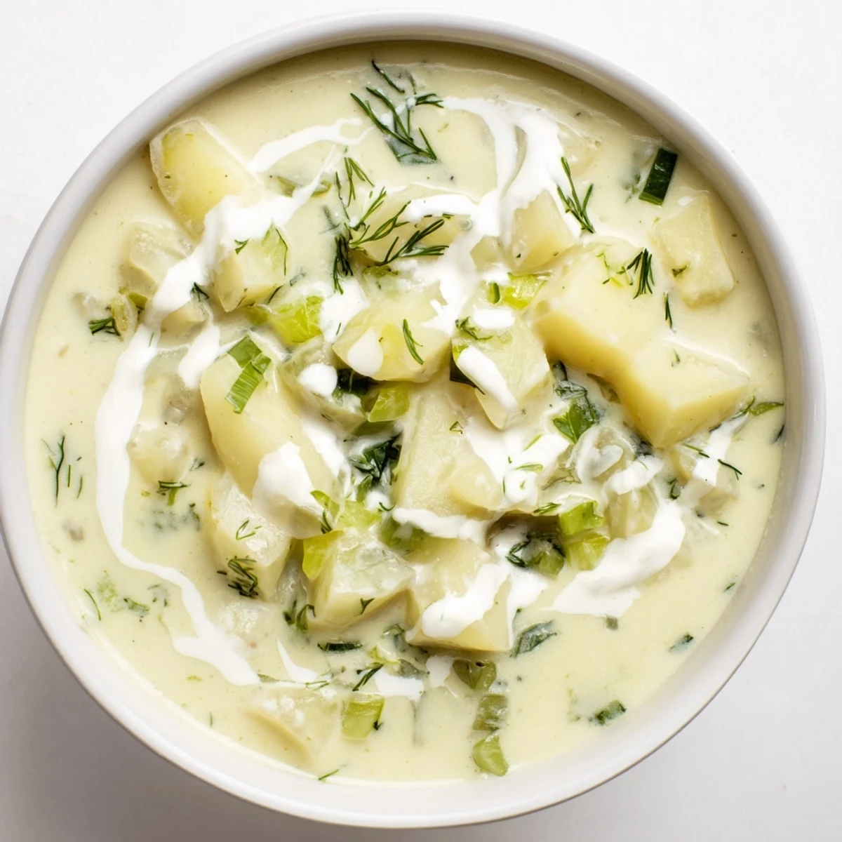 Creamy dill pickle soup, a comforting bowl of warm soup with chunks of potatoes and pickles.