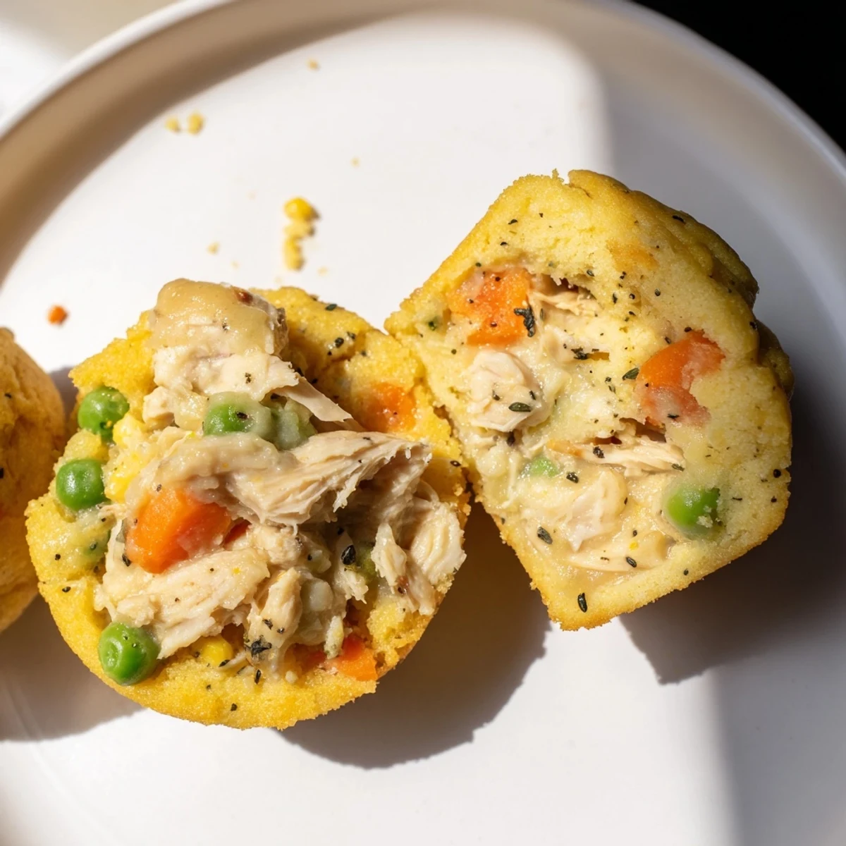 Golden-brown Chicken Pot Pie Cornbread Muffins, warm and savory, ready for a comforting bite.