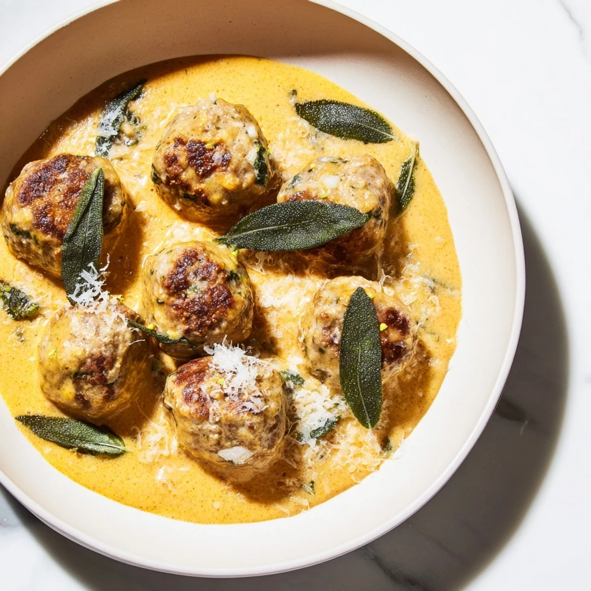 Delicious turkey meatballs in pumpkin sage sauce served over pasta, a colorful, Autumn meal.