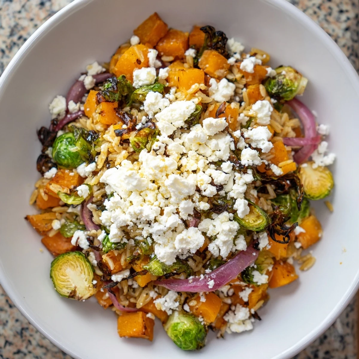 Vibrant Best Fall Harvest Orzo Salad with roasted butternut squash and creamy goat cheese and dressing.