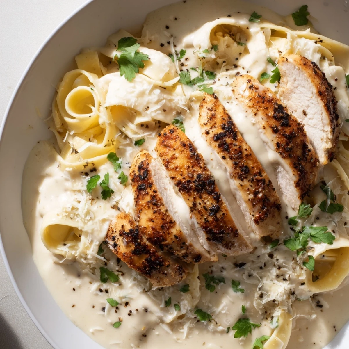 Cajun Chicken Alfredo Fettuccine pasta features sliced chicken in a creamy Velveeta sauce over fettuccine.