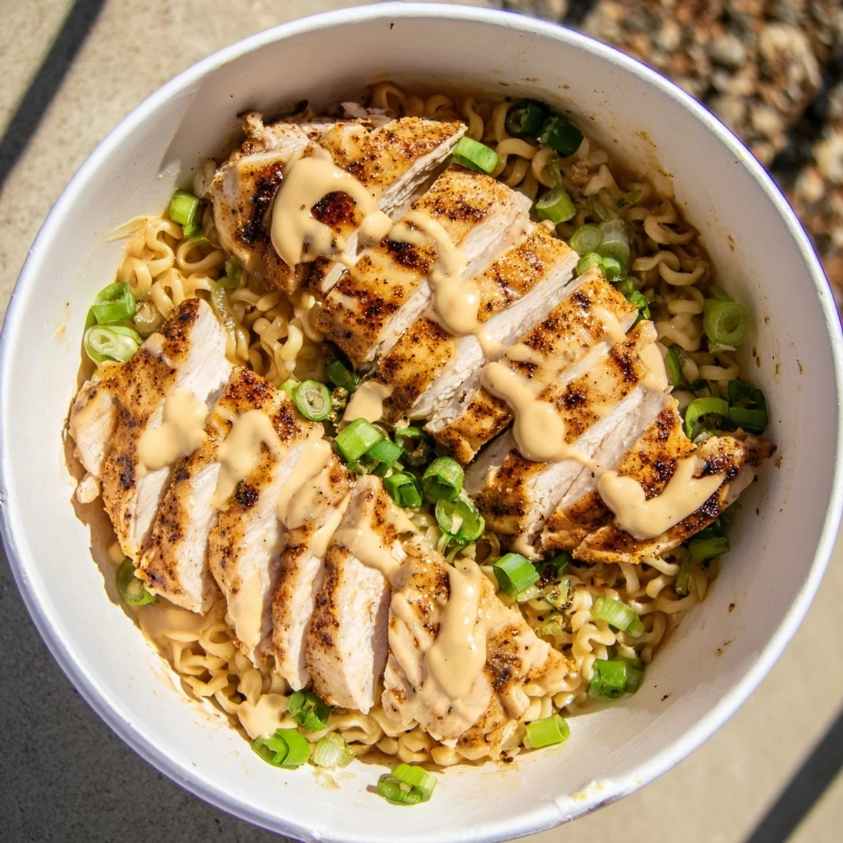 Steaming bowl of Fiery Chicken Ramen with tender chicken, creamy garlic sauce and fresh green onions.