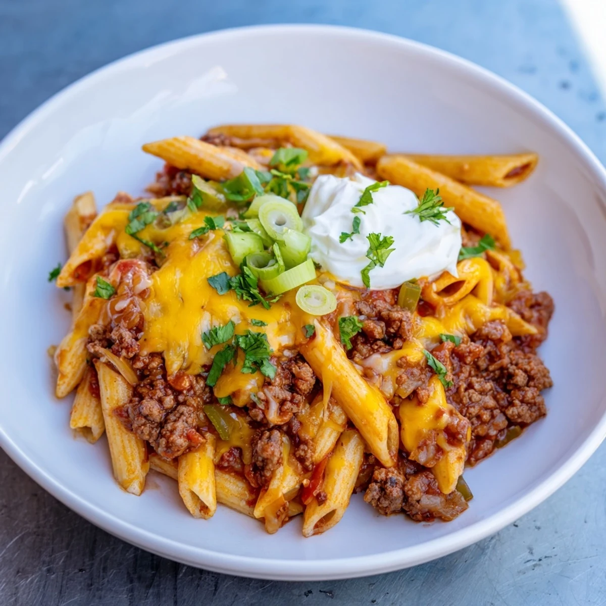 Easy Beef Enchilada Pasta, a one-pot meal, features ground beef, melted cheese, and a rich sauce.