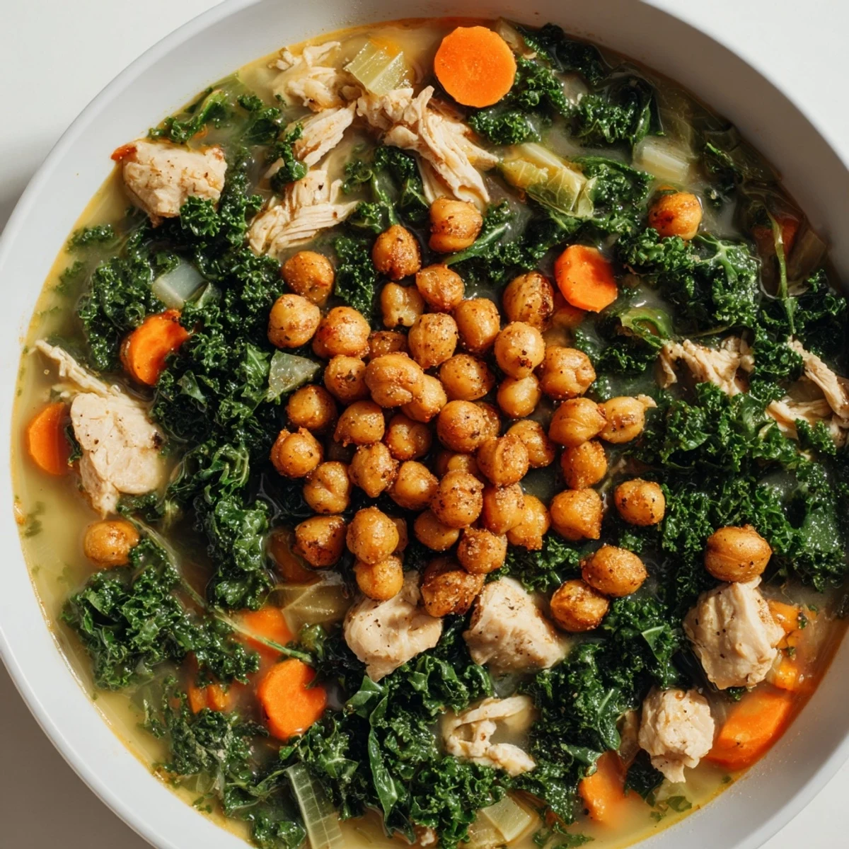 Steaming bowl of Chicken Kale Soup with crispy chickpeas, a healthy and flavorful meal.