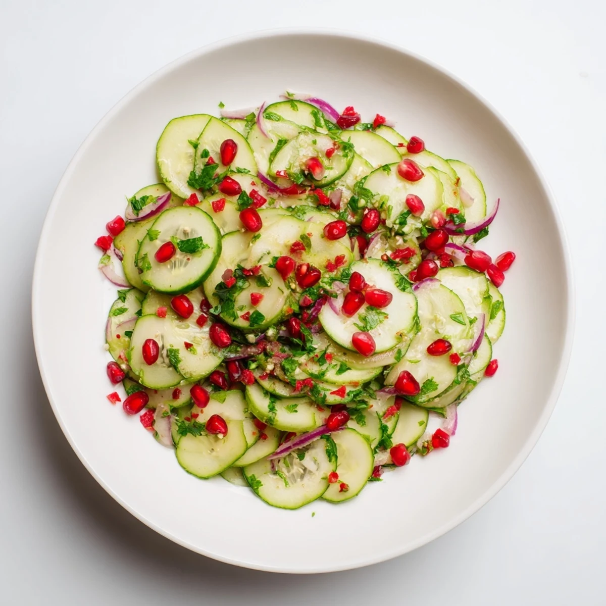 Vibrant Healthy Cucumber Christmas Salad with ruby pomegranate seeds, ready for serving alongside holiday meals.