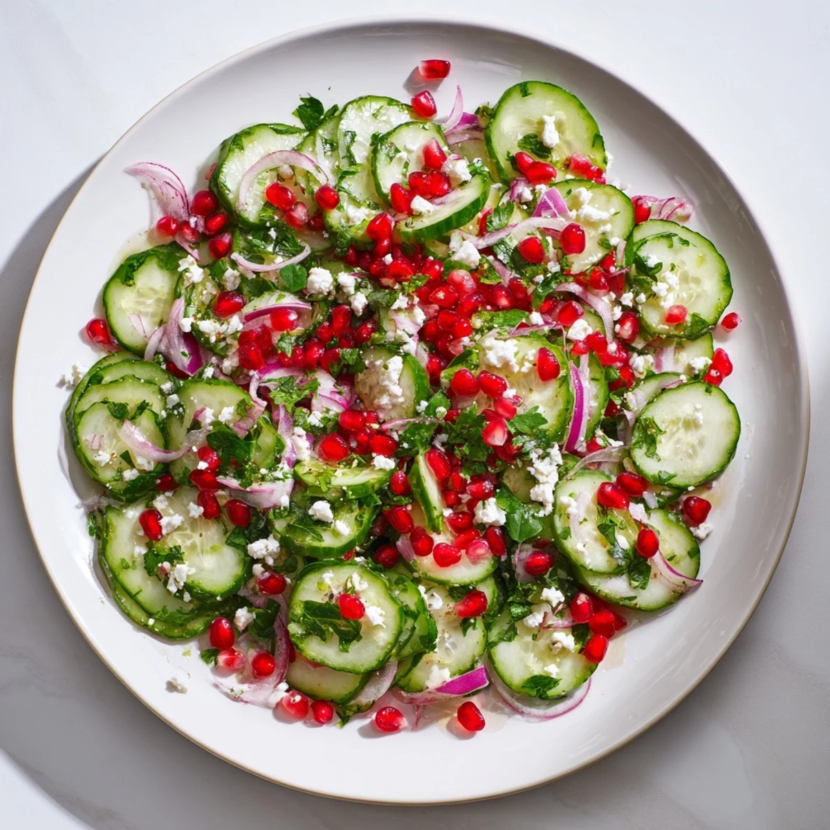 Freshly tossed Healthy Cucumber Christmas Salad features cucumbers, red onion, a bright lemon dressing, and feta crumbles.