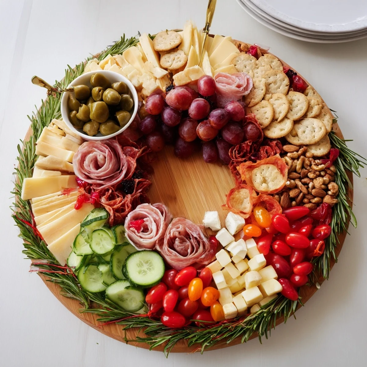 Festive Simplified Grazing Board Wreath, a colorful and delicious appetizer perfect for sharing.