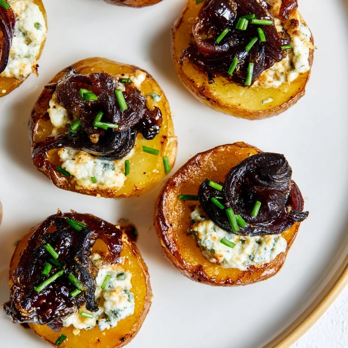 Golden, crispy Lightened French Onion Potato Bites topped with creamy cheese and sweet onions, a perfect snack.