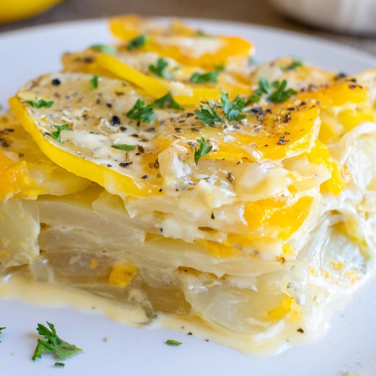 A creamy and cheesy Budget-Friendly Potato Layer Bake, showcasing beautifully baked potato layers in a casserole dish.
