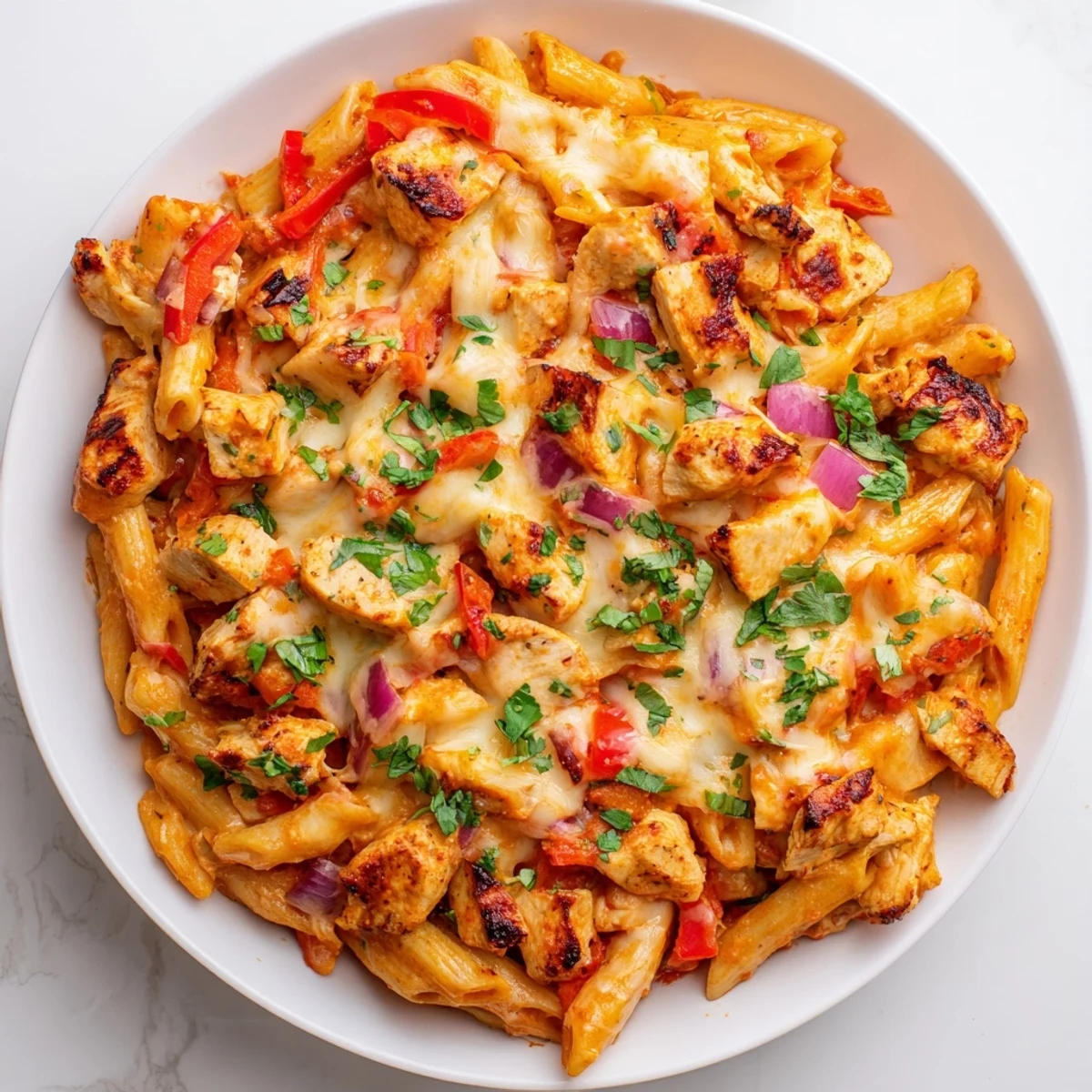 Warm, bubbly Baked Salsa Chicken Pasta, topped with melted cheese, ready to serve with a garnish of cilantro.