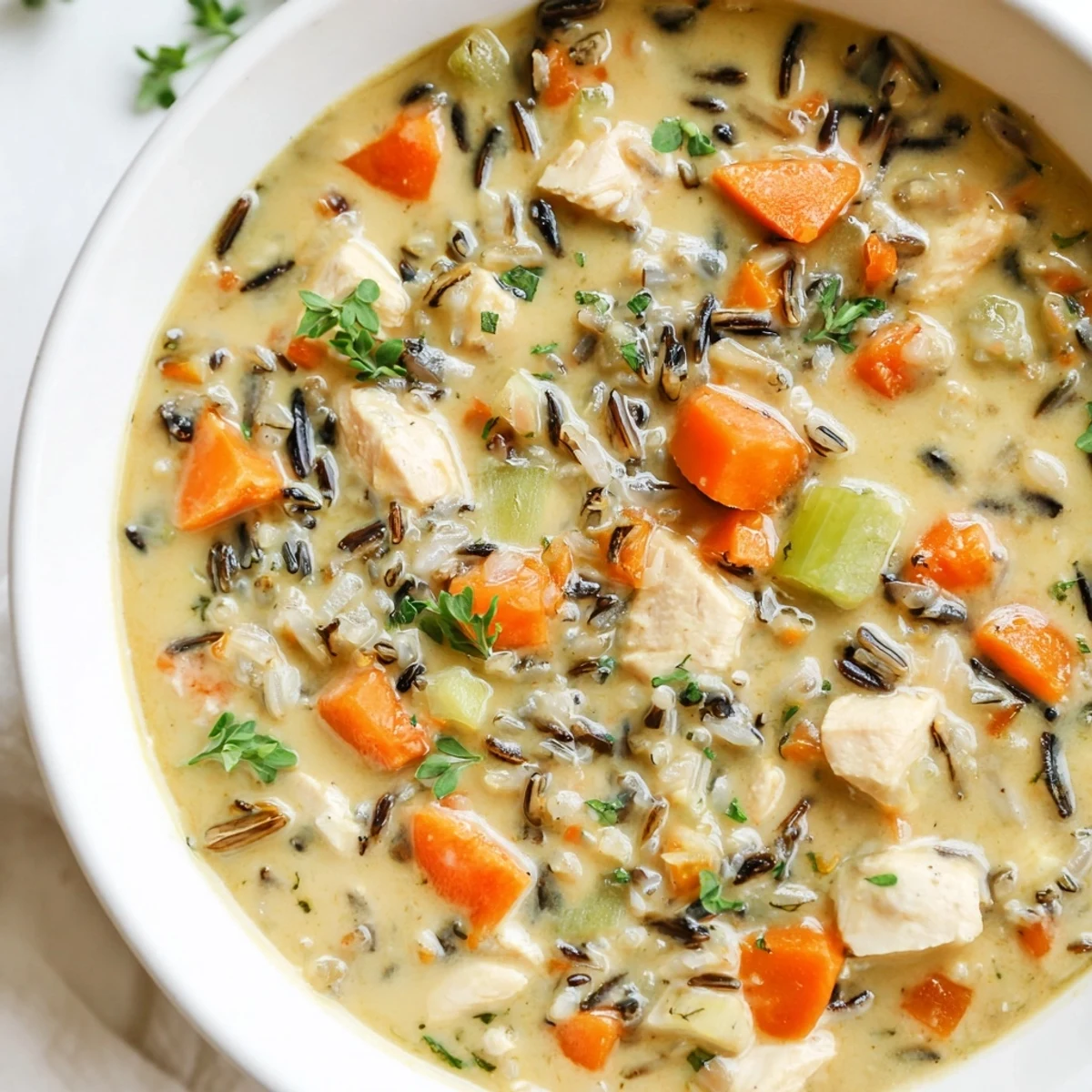 Steaming bowl of Quick Chicken and Wild Rice Soup, garnished with parsley, ready to warm you up.