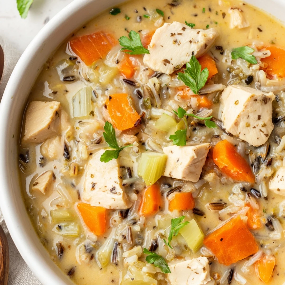 A creamy spoonful of Quick Chicken and Wild Rice Soup, with visible chicken and fragrant herbs.