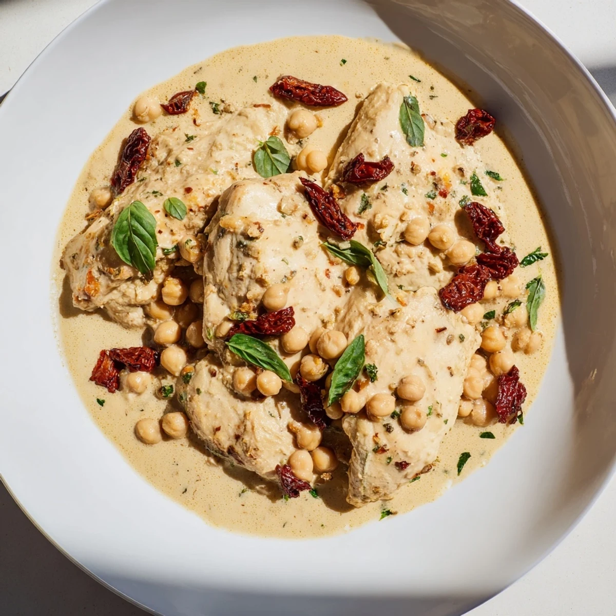 Creamy High-Protein Marry Me Chicken and Chickpeas, served with vibrant, sun-dried tomatoes and herbs.