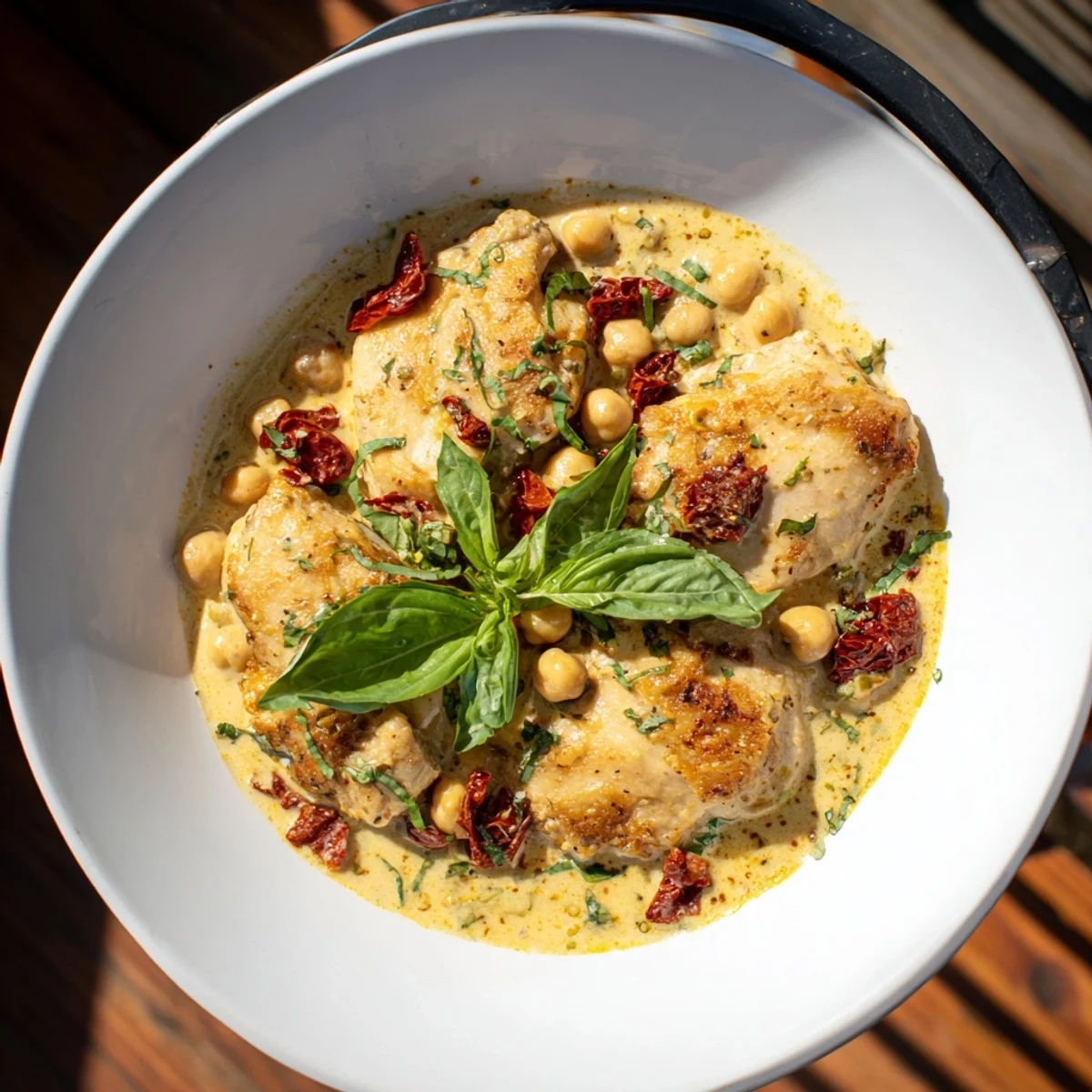 A steaming skillet of High-Protein Marry Me Chicken and Chickpeas, featuring golden-brown chicken and savory sauce.