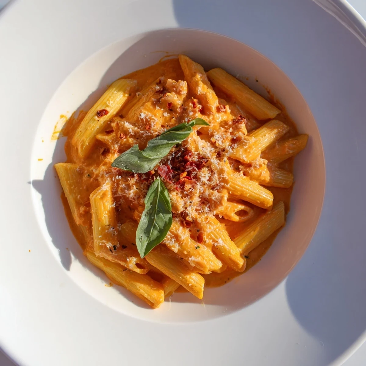 A close-up of the delicious 15-Minute Creamy Red Pepper Pasta, perfect for a busy weeknight meal.