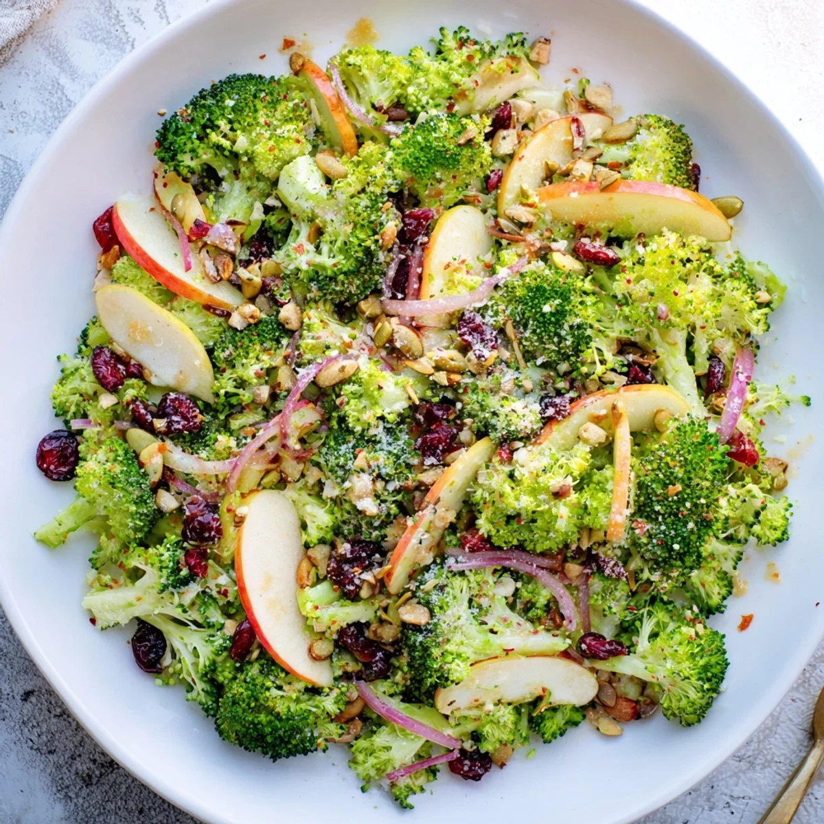 This Broccoli and Apple Hot Girl Salad presents crisp apple slices with bright green broccoli, tossed in zesty dressing.