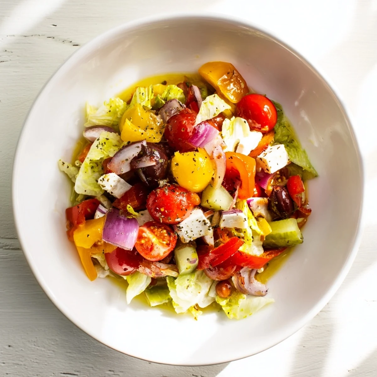 La Scala Chopped Chickpea Salad, bursting with fresh veggies and tangy dressing—a vibrant, healthy lunch.