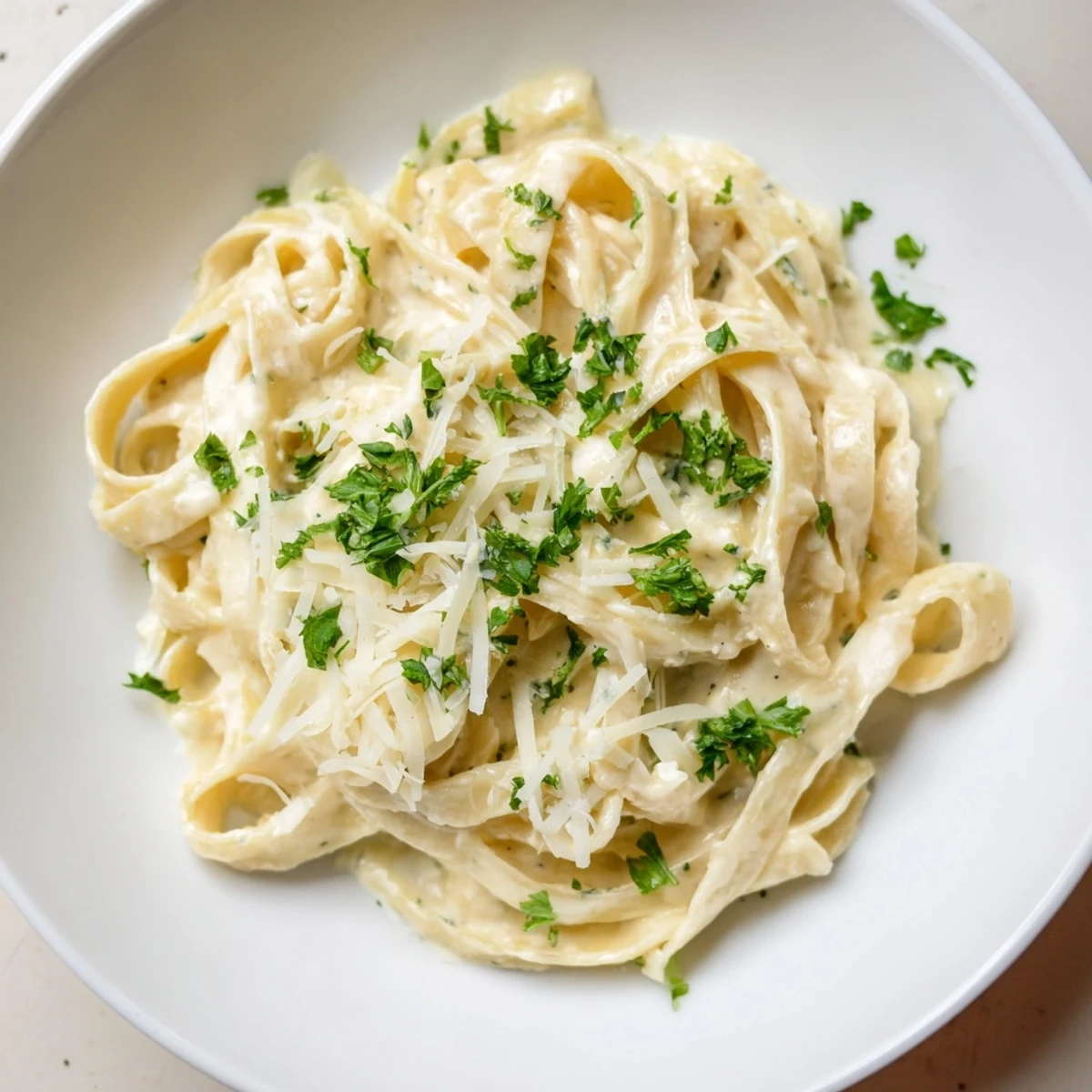 Creamy, light Skinny Alfredo Garlic Parmesan Snowy Pasta; a comforting Italian-American vegetarian meal.