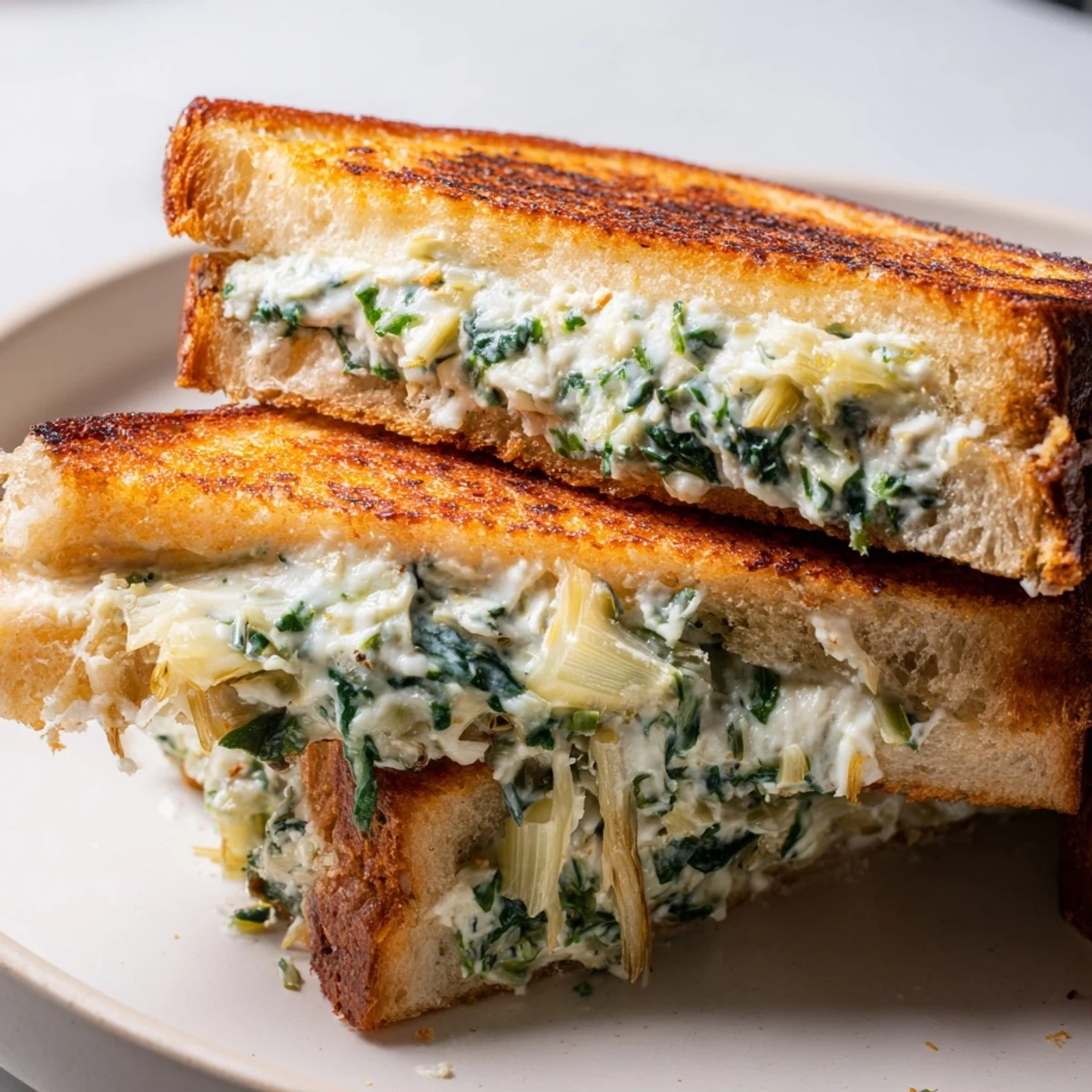 Warm, melted Sourdough Spinach Artichoke Dip Grilled Cheese, crispy bread and a creamy filling.