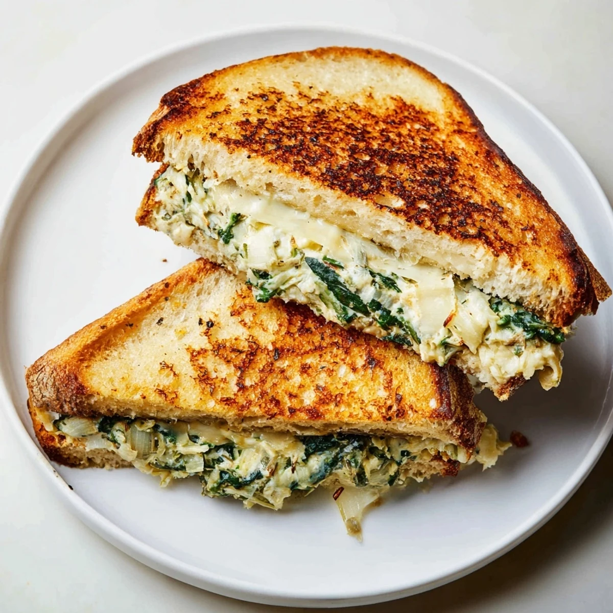 A close-up view of a savory Sourdough Spinach Artichoke Dip Grilled Cheese, ready for a comforting bite.