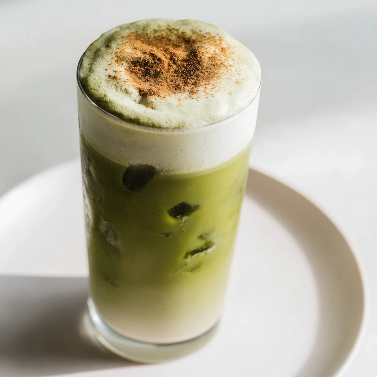This Cinnamon Roll Iced Matcha shows frothy protein foam atop a green tea and milk blend.