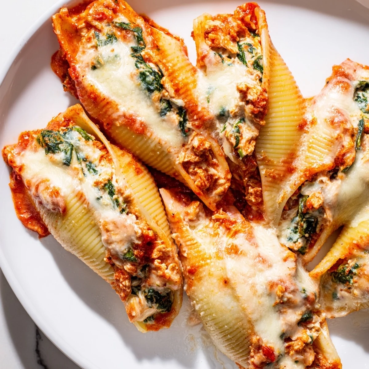 High-Protein Cottage Cheese Alfredo Christmas Shells, bubbly and cheesy, ready for a festive holiday dinner.