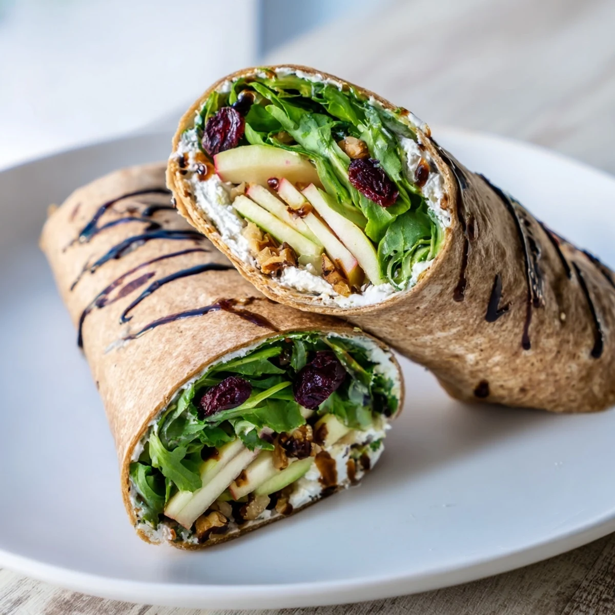 Sliced Cranberry Goat Cheese & Walnut Holiday Wrap showing its creamy goat cheese filling and toppings.