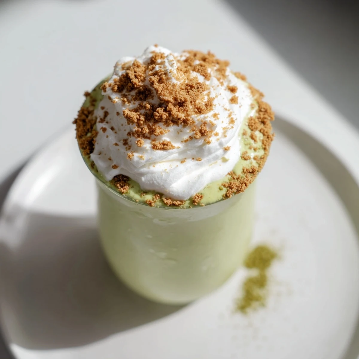Sugar-Free Gingerbread Cookie Matcha Frappe, a creamy green drink topped with whipped cream and crushed cookies.