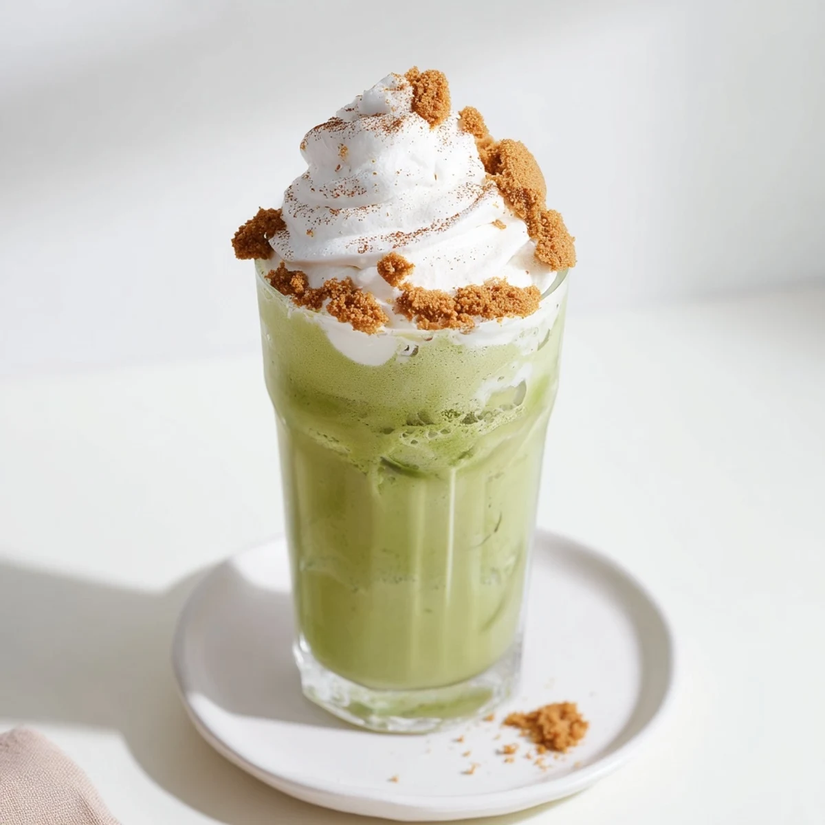 Frothy Sugar-Free Gingerbread Cookie Matcha Frappe, a refreshing, spiced beverage perfect for the holidays.